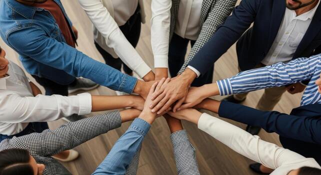 Group of diverse people joining hands together in a show of unity and collaboration success concept photo