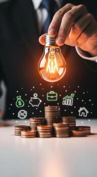 A person holding a lightbulb above stacks of coins with financial icons in the background idea concept photo
