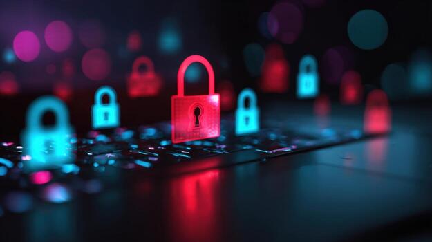 iluminado Cerraduras en rojo y azul en un teclado superficie representando digital seguridad concepto foto