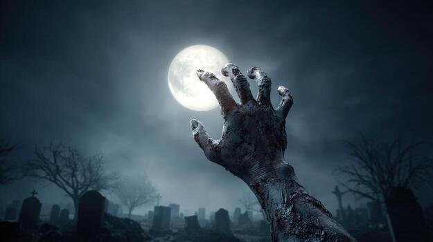 A decaying hand reaches toward the moon in a graveyard under a dark and cloudy night sky scene image photo