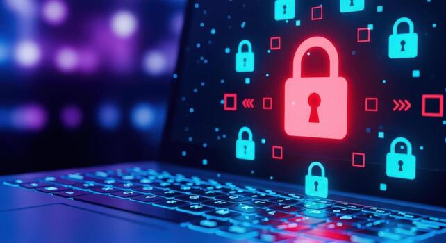 Laptop with glowing keys displaying network security with lock icons on a dark background photo