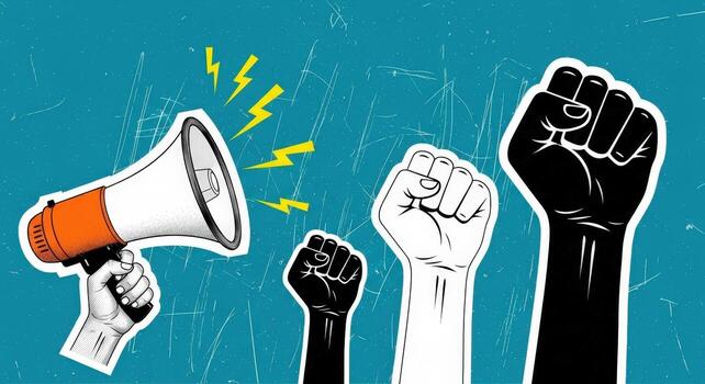 A megaphone and raised fists on a textured blue background with lightning bolts graphic elements photo