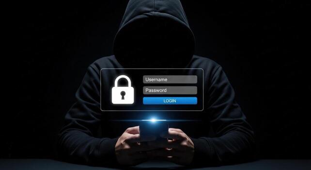 Person in hoodie with login interface on phone in dark setting with security lock image overlayed photo