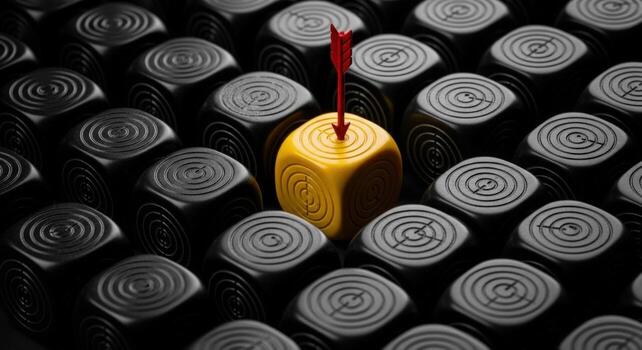 A yellow die with a red arrow surrounded by black dice each with a target design on top surface photo