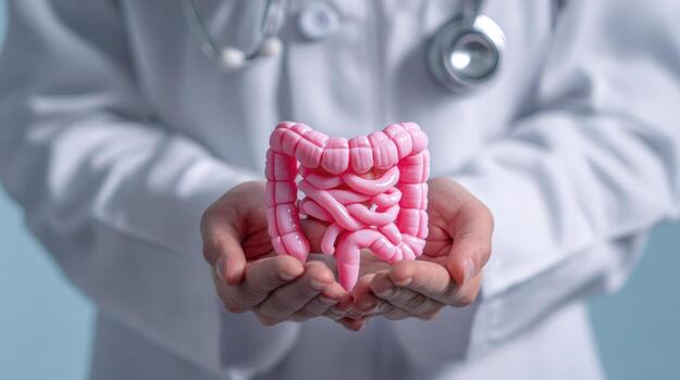 A doctor holding a pink colon model while wearing a stethoscope and a white lab coat in a studio photo