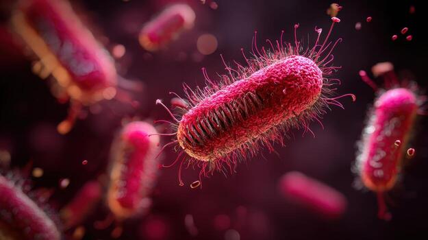 Microscopic view of rod shaped bacteria with filaments in a dark pink environment close up photo