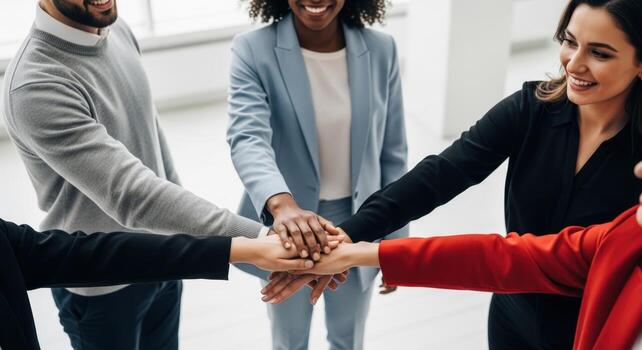 Diverse group of people stacking hands together in a show of unity and collaboration success photo