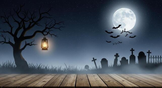 Spooky night scene with graveyard bats moon tree and lantern on a wooden surface background photo