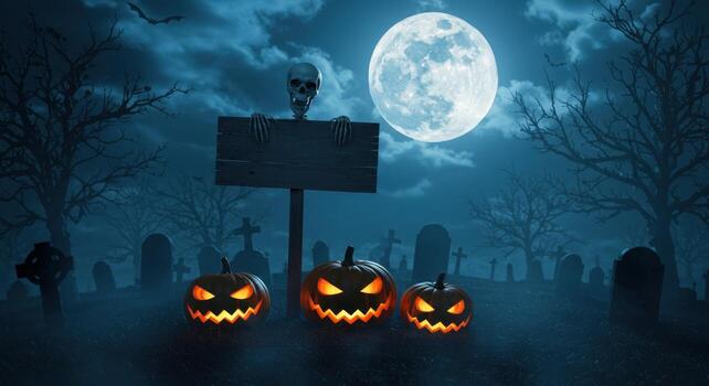 Spooky graveyard scene with pumpkins skeleton and moon creating a festive atmosphere for october photo