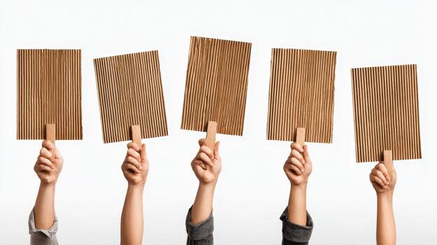 Hands holding corrugated cardboard signs aloft against a plain white studio backdrop display message photo