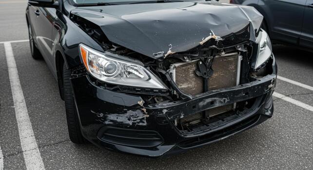 Black automobile with extensive front end damage after collision in parking lot area view from front photo