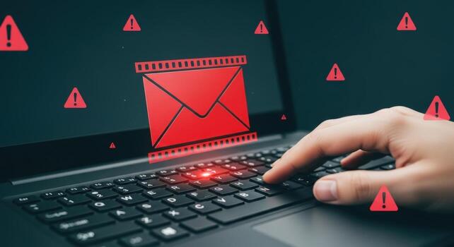 Hand on keyboard with alert icons and red envelope on screen indicating a potential security threat photo