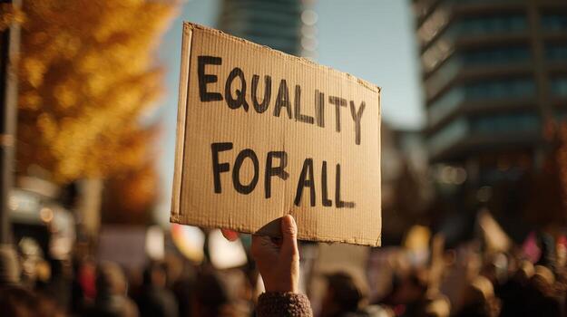Protest with an equality for all sign held high in a crowd of people during a demonstration event photo