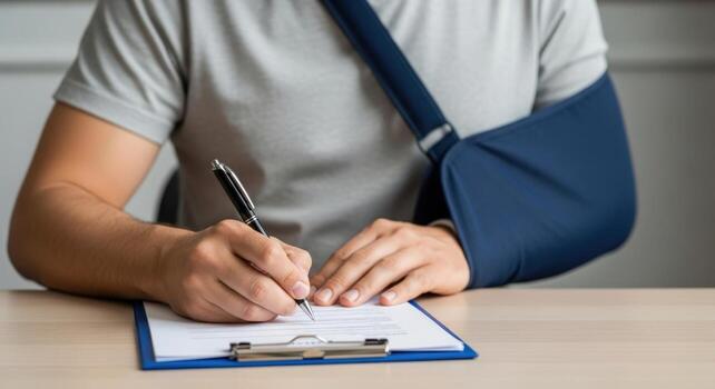 Man with arm in sling signing document on clipboard with pen on a wooden desk indoors in neutral colors photo
