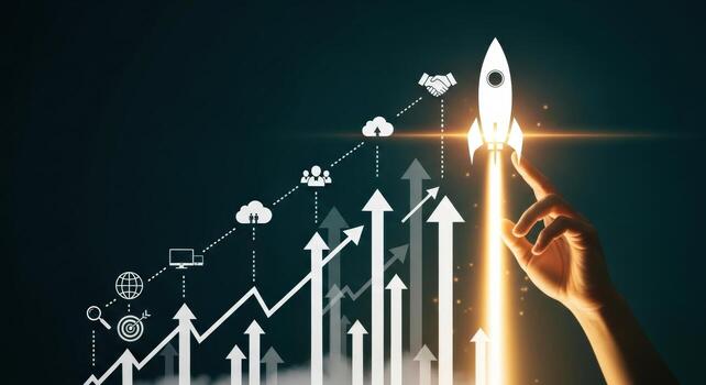 un mano lanzamiento un cohete con hacia arriba flechas y negocio íconos en un oscuro verde azulado antecedentes foto