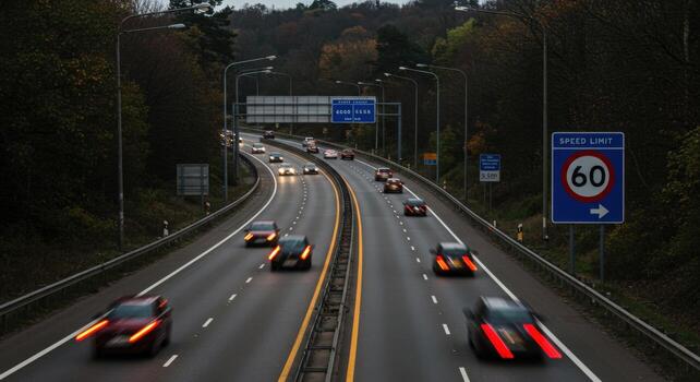 Cars driving on a highway with a speed limit sign showing sixty and trees in the background photo