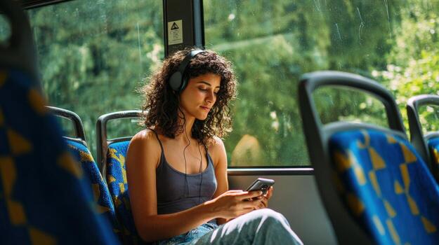 A woman with headphones using her phone while riding on a bus near a window with trees visible photo