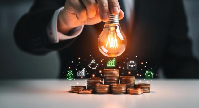persona participación un bombilla encima pilas de monedas con negocio icono ilustraciones alrededor ellos foto