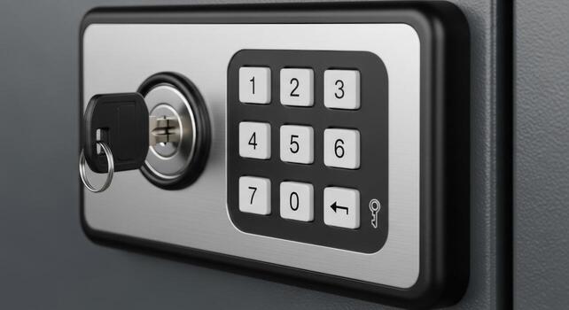 Close up of a metal safe with a key in the lock and a keypad for security access control system photo