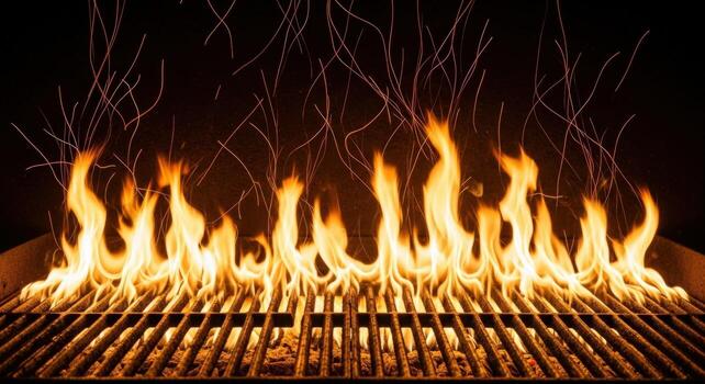 A close up view of flames rising above a metal grill with sparks flying in the dark background photo