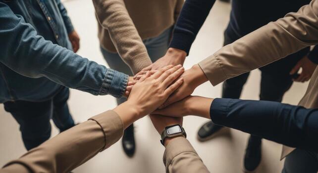 Group of people stacking hands together in a show of unity and support for a common goal or achievement photo