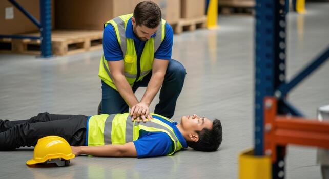 Man performing cpr on an unconscious worker in a warehouse with safety vest and helmet nearby photo