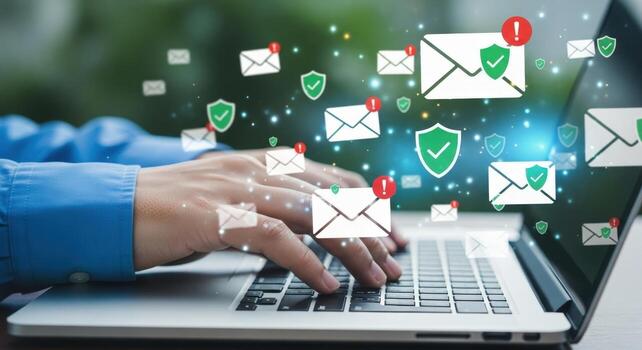 Person typing on a laptop surrounded by email icons and security shields floating in the air photo