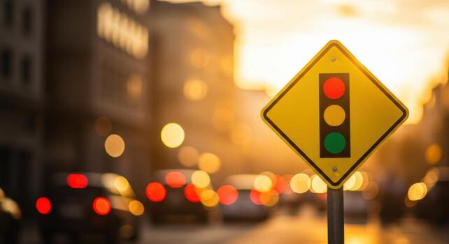 A yellow traffic light sign on a pole with blurred city lights in the background at golden hour time photo