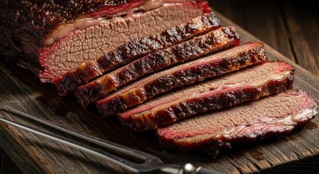 Close up of sliced brisket on a wooden board with a fork, ready to be served and enjoyed by all photo