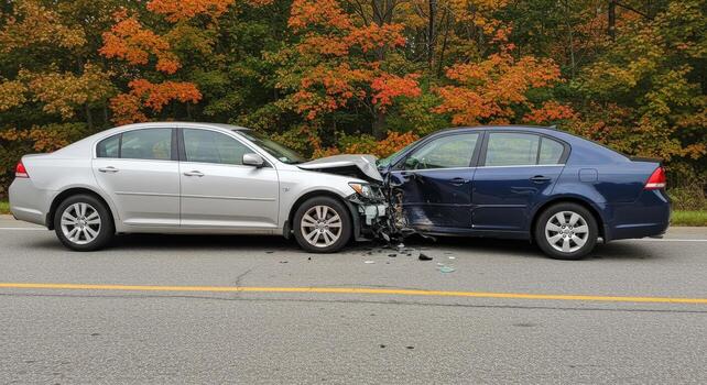 Two cars involved in a collision on a road with fall foliage in the background showing damage to vehicles photo