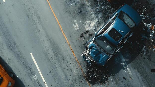 Aerial view of a blue auto with extensive damage after a collision on a gray asphalt road surface photo