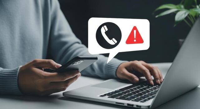 Person using laptop and holding smartphone with a notification alert about a phone call icon photo