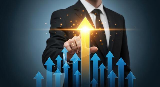 Man in suit touching a glowing arrow pointing upwards with several blue arrows below it shown photo