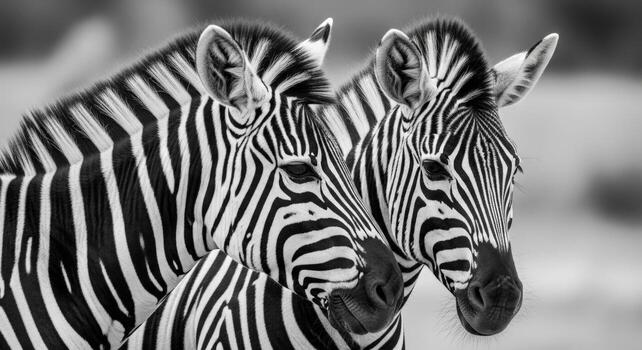 Two zebras standing close together in black and white with distinct stripe patterns visible clearly photo