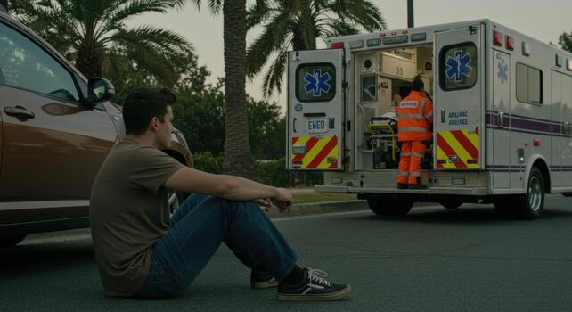 Man sitting near car and ambulance with paramedic attending to someone inside the vehicle outside photo