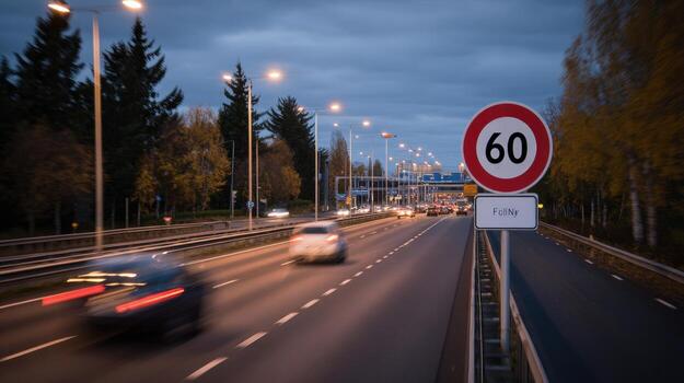 Cars drive on a highway at dusk with a speed limit sign and street lights visible in the distance photo