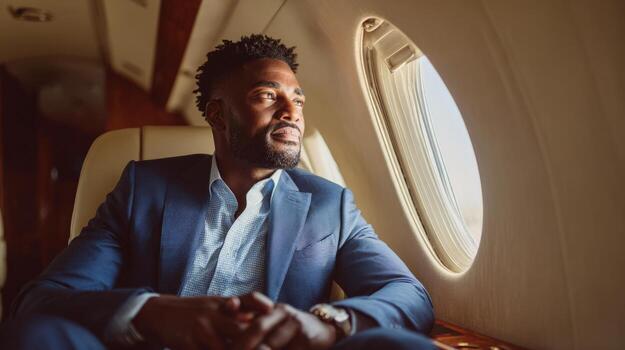 Man in a blue suit looks out the window of a private jet with hands clasped in his lap while traveling photo