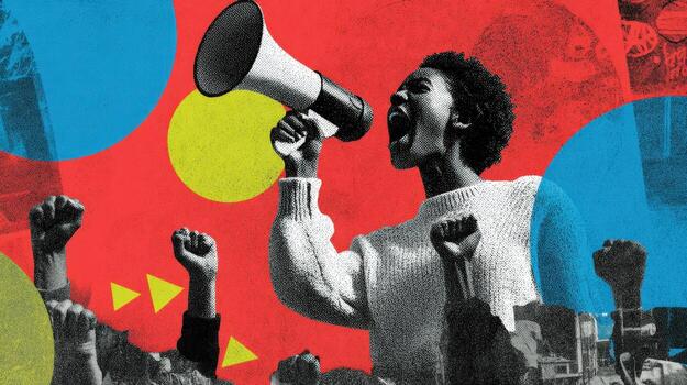 Woman with megaphone and raised fists on a graphic background in black white and color art style photo