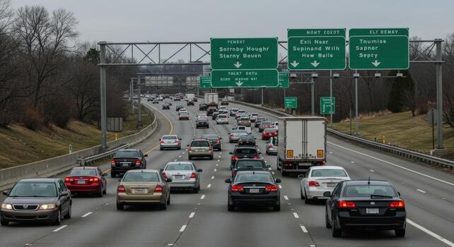 Highway with many vehicles traveling under green overhead exit signs on a cloudy day view photo