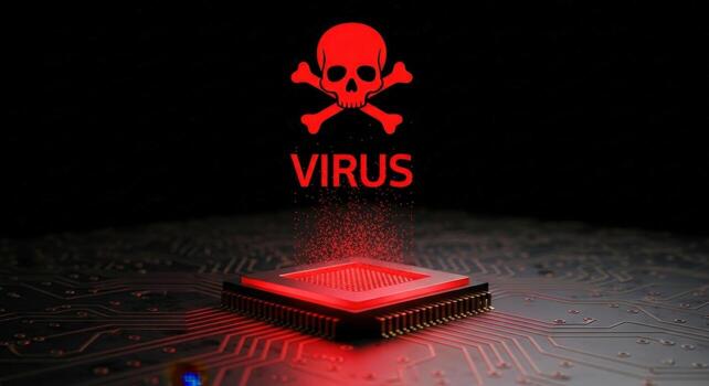 Red skull and crossbones above the word virus over a computer chip on a circuit board background photo