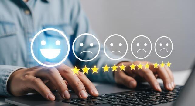 Person typing on a laptop giving a good review with a happy face and five stars rating system photo