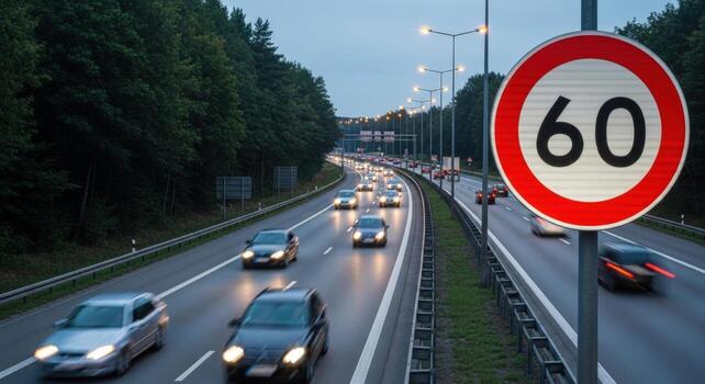 Highway with cars and a speed limit sign indicating a maximum speed of sixty on the road ahead photo