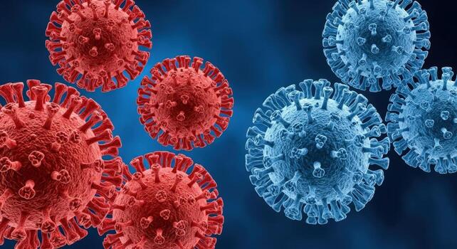 Microscopic view of red and blue viral cells against a dark blue gradient background illustration photo