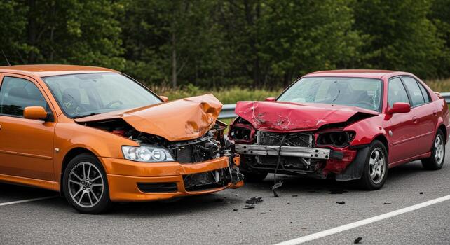 Orange and red vehicles with extensive front end damage after a collision on a paved road way photo