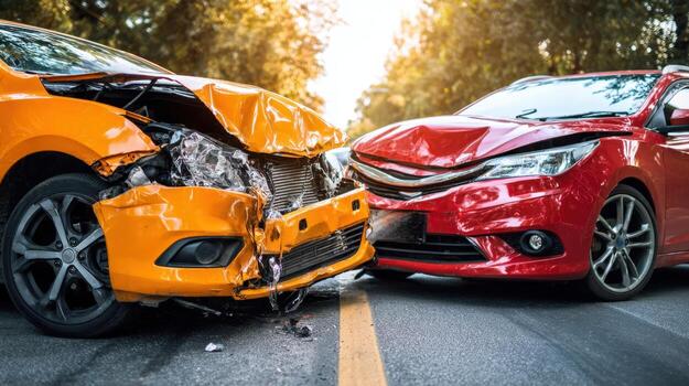 Orange and red automobiles with severe front end damage after a collision on a paved road surface photo