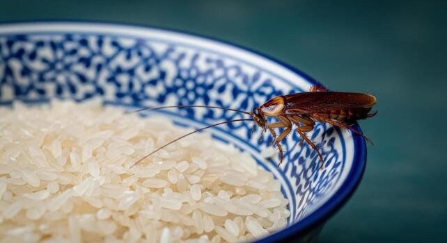 un cucaracha en un cuenco de arroz con azul y blanco estampado borde en contra un verde azulado antecedentes superficie foto