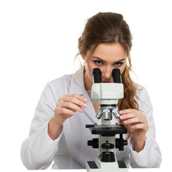 Woman in a lab coat examining a slide under a microscope in a laboratory setting against white background photo