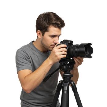 Man adjusting a camera on a tripod in a studio setting with a white background for professional photography photo