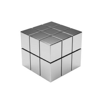 A metallic cube comprised of smaller cubes arranged in a three by three square formation on white photo