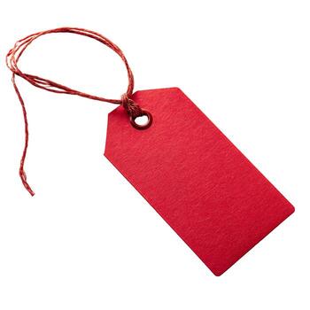 A single plain bright crimson tag with string attached lies on a stark white background in a studio shot photo